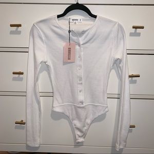 Missguided White Ribbed Button Up Bodysuit